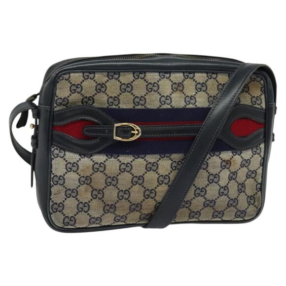 GUCCI GG Canvas Sherry Line Shoulder Bag Vintage Navy Gold - Picture 1 of 16